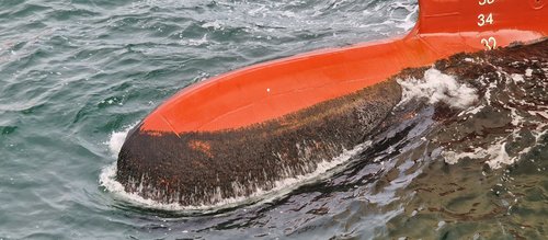 Ship hull with biofouling on ocean surface to be removed by Laserline diode lasers